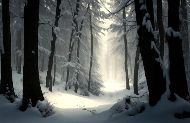 bosque de invierno y puesta de sol