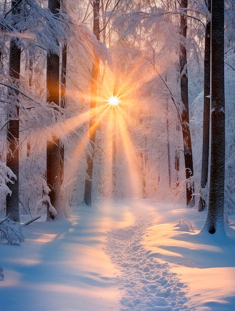 Bosque de invierno en los rayos del sol naciente Hermoso paisaje de invierno