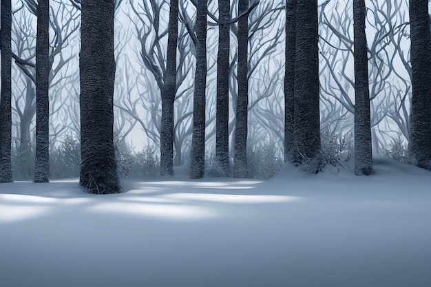 Bosque de invierno con troncos de árboles desnudos y nieve blanca en el suelo ilustración 3d