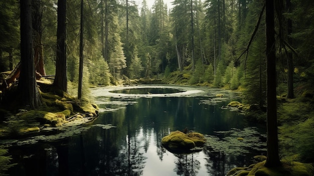 Un bosque con un lago y árboles al fondo.