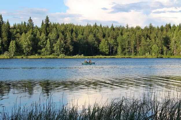 Bosque, lago y cielo azul República de Carelia Rusia