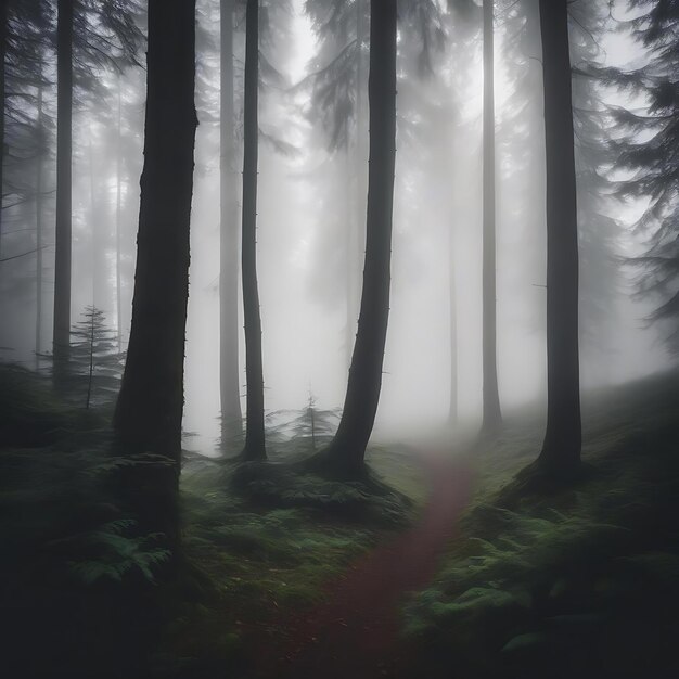 un bosque con un letrero que dice niebla en el fondo