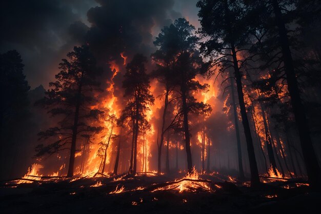 Foto el bosque está en llamas los incendios forestales y mucho humo resultaron en árboles quemados