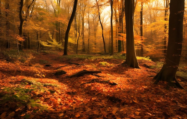 Un bosque lleno de hojas de otoño caídas