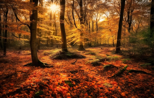 Un bosque lleno de hojas de otoño caídas