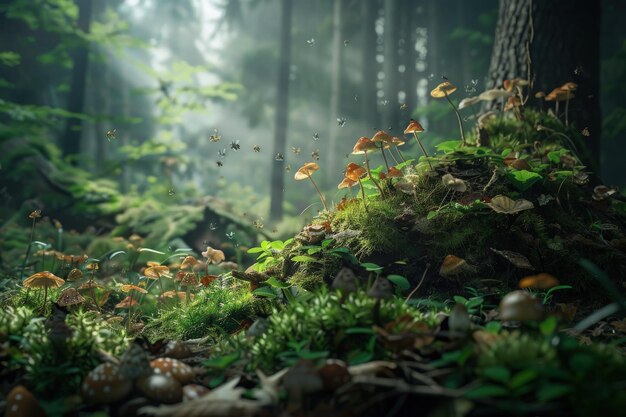 Foto un bosque lleno de muchas plantas verdes y hongos