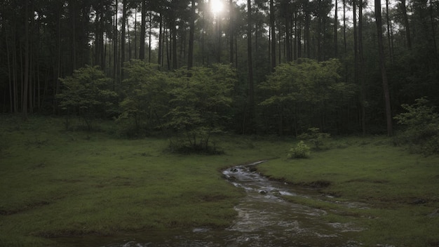 Un bosque lleno de muchos árboles verdes con un río