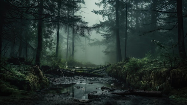 un bosque lluvioso con un charco y un charco en el suelo.