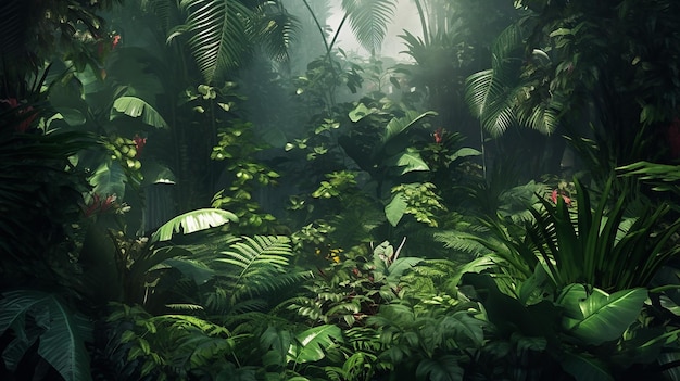 Bosque lluvioso denso con follaje verde lujurioso IA generativa