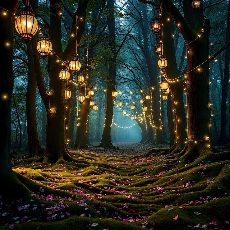 un bosque con luces y árboles con un bosque en el fondo