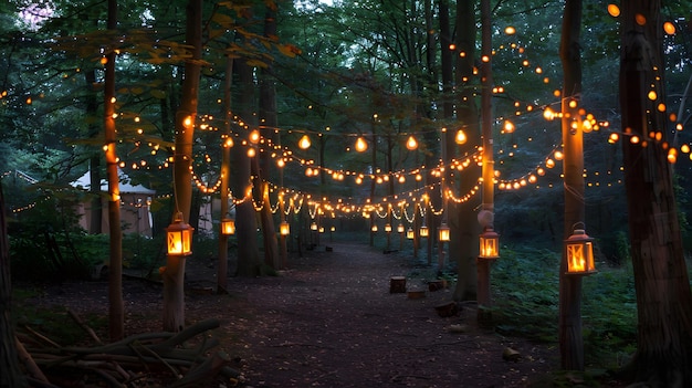 un bosque con luces y una cadena de luces que dicen linterna
