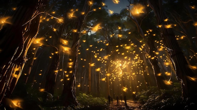 Un bosque con luces en el cielo.