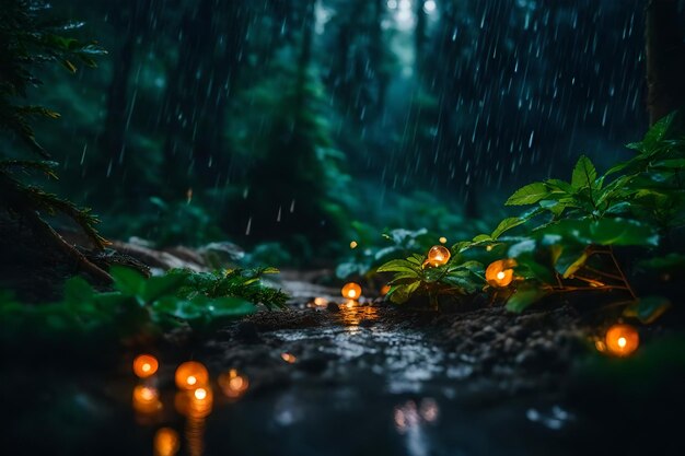 Foto un bosque con luces y plantas en la lluvia