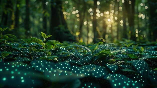 un bosque con luces verdes en el fondo