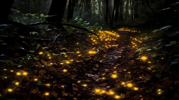 Un bosque con luciérnagas amarillas brillantes en el suelo