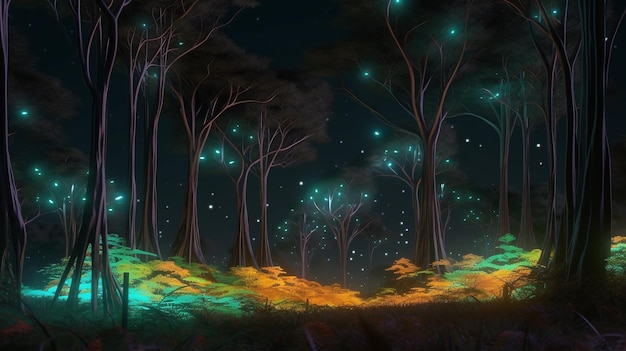 Bosque de luciérnagas encantador Una pintura digital de un suelo de bosque bioluminiscente mágico