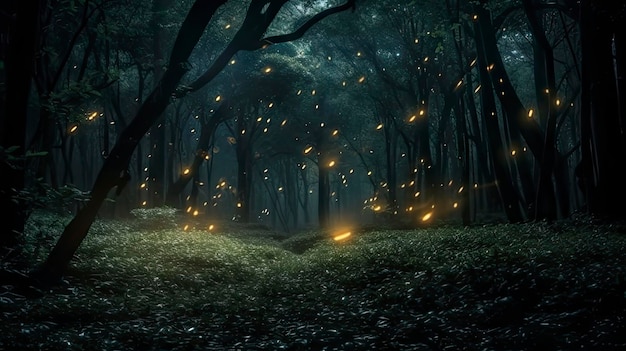 Un bosque con luciérnagas en la oscuridad.