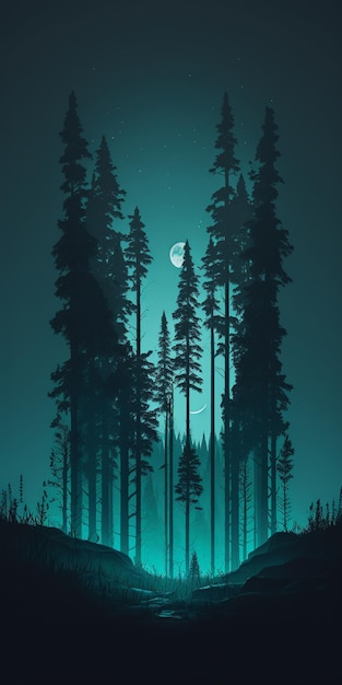 Un bosque con una luna al fondo.