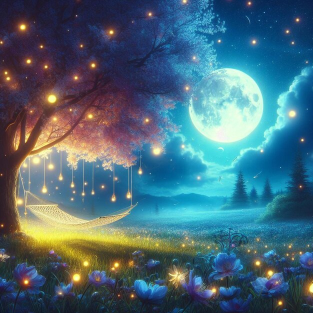 un bosque con una luna y un árbol con una luna en el fondo
