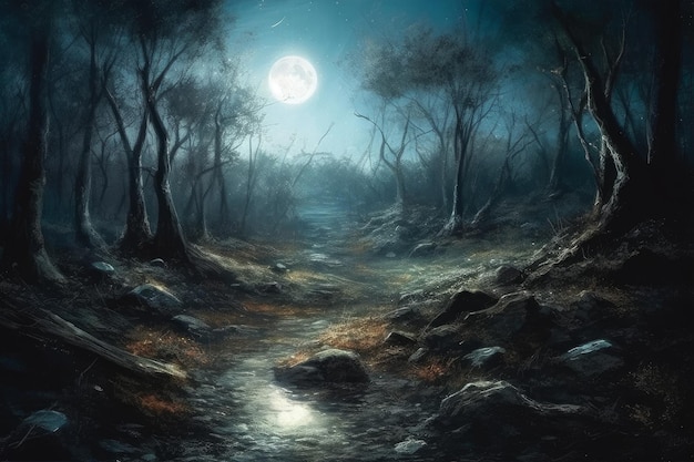 Un bosque con luna llena de fondo.