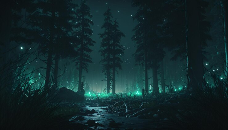 Un bosque con una luz azul que se ilumina con una luz verde que brilla en la oscuridad.