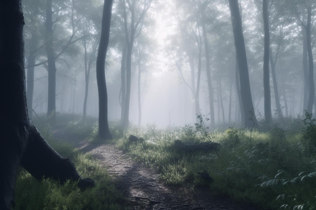 Un bosque con una luz en el cielo