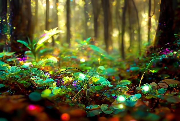 Foto un bosque con una luz colorida en el medio