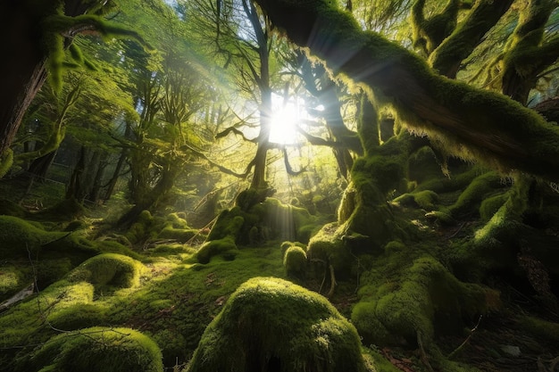 Bosque mágico con árboles cubiertos de musgo y brillantes rayos de sol creados con IA generativa