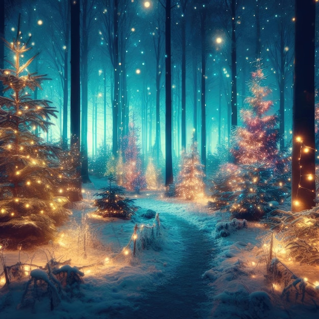 Bosque mágico con árboles de Navidad y luces brillantes