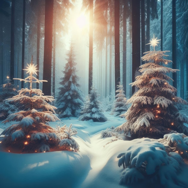 Foto bosque mágico con árboles de navidad y luces brillantes