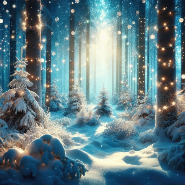 Bosque mágico con árboles de Navidad y luces brillantes