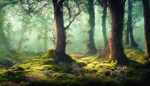 Bosque mágico de cuento de hadas de fantasía luz de la tarde soleada a través de las ramas de los árboles árboles mágicos