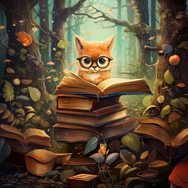 Foto un bosque mágico donde los libros crecen en los árboles y los animales usan gafas de lectura como un plano caprichoso ar