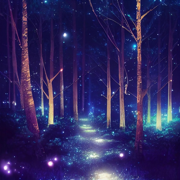 Bosque mágico encantado con luciérnagas o relámpagos