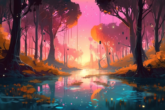 bosque mágico de fantasía y arte conceptual de ilustración de lago