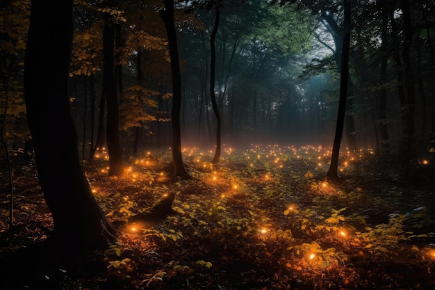 Bosque mágico de fantasía con luces brillantes AI generativa