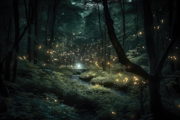 Bosque mágico de fantasía con luces brillantes AI generativa