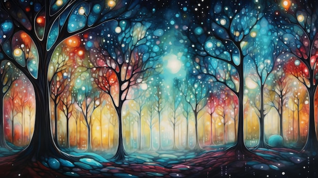 Bosque mágico Hermosos árboles iluminados con un cálido resplandor de luces.
