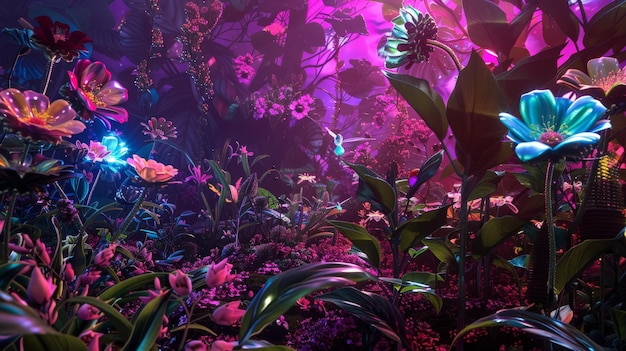 Bosque mágico iluminado con neón con flores y plantas vibrantes que crean una atmósfera mística y encantadora perfecta para temas de fantasía