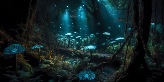 Un bosque mágico lleno de plantas y criaturas de luz bioluminiscente Concepto de diseño de nivel de juego Generativo ai