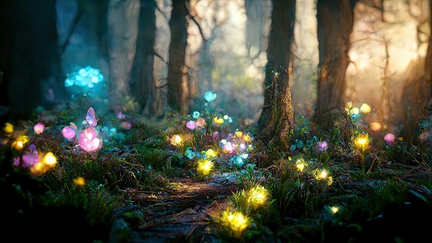 Bosque mágico con luces de colores brillantes