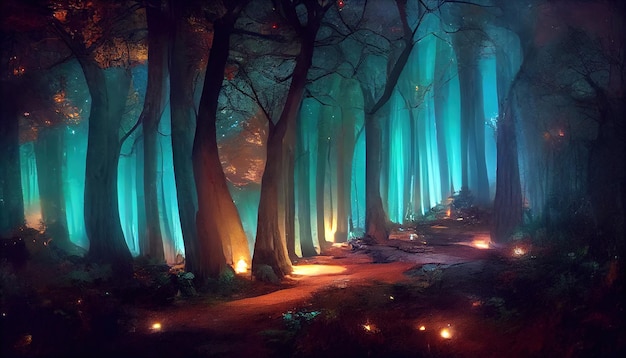 Bosque mágico místico en la noche con luces brillantes