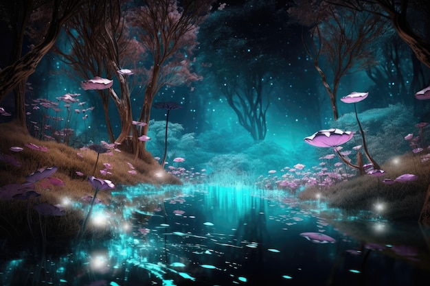 Bosque mágico por la noche hongos bioluminescentes y flores brillantes colores de neón y pastel Ilustración generativa de IA