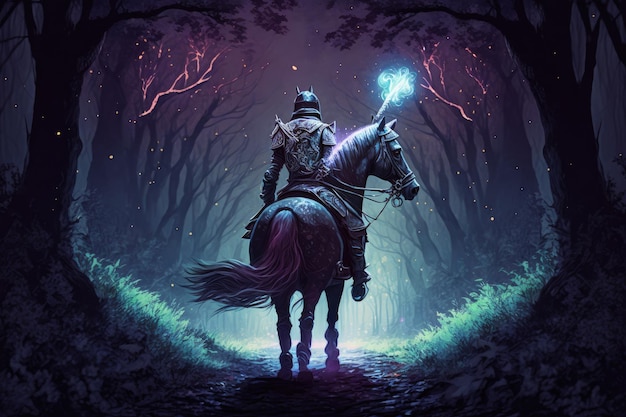 Foto bosque mágico oscuro y caballero andante con armadura brillante