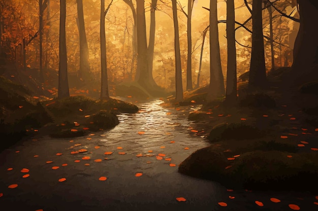 Bosque mágico de otoño con rayos de sol en la noche follaje naranja dorado al atardecer Bosque de hadas en otoño