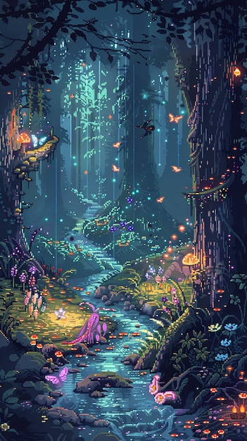 Bosque mágico con plantas brillantes