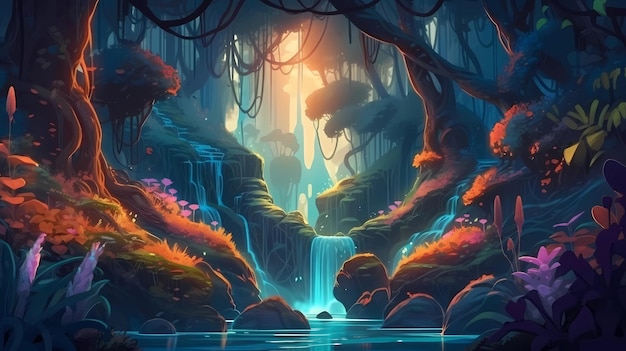 Un bosque mágico con plantas resplandecientes y una cascada brillante ilustración de arte digital