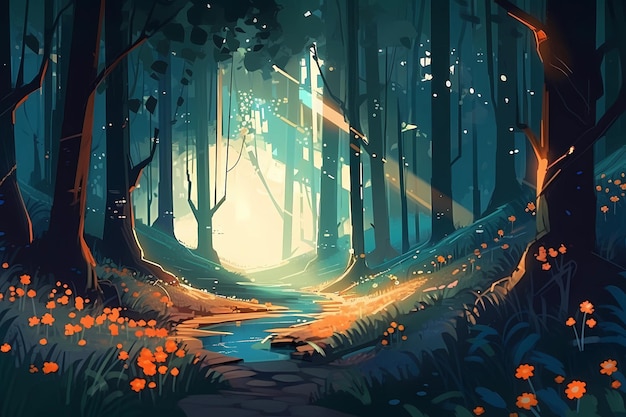 Un bosque mágico tranquilo con flores brillantes ilustración de arte digital