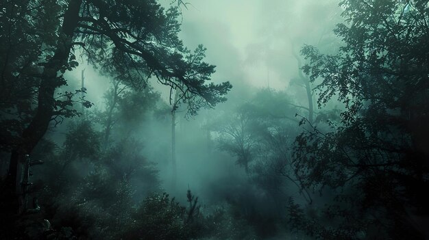 Foto bosque malhumorado en otoño vista mística del bosque malhumorado con niebla pesada y vibraciones oscuras y misteriosas