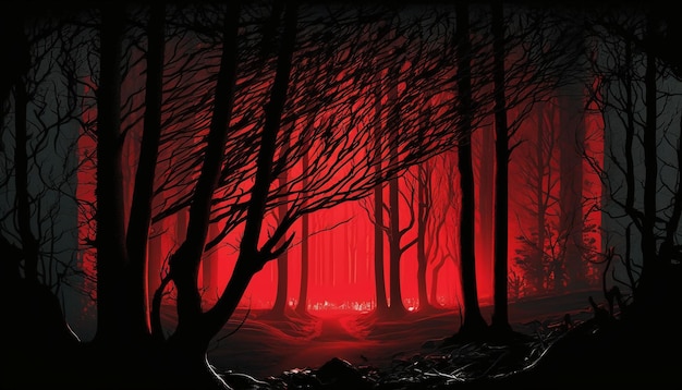 Bosque malvado iluminación roja oscura.